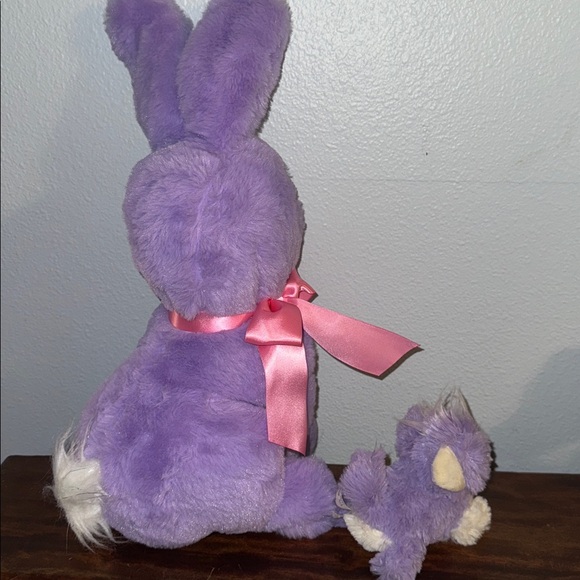 Purple Plush Stuffed Bunny with Pink Ribbon and Mini Kitty 16” Easter - Picture 3 of 5